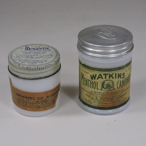 Vintage Watkins & Resinol Milk Glass Jars - Decor - Display - Empty No Contents - Picture 1 of 11